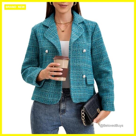 Jackets & Blazers - Short Tweed Blazer Double Breasted Pearl Button Work Casual Jacket